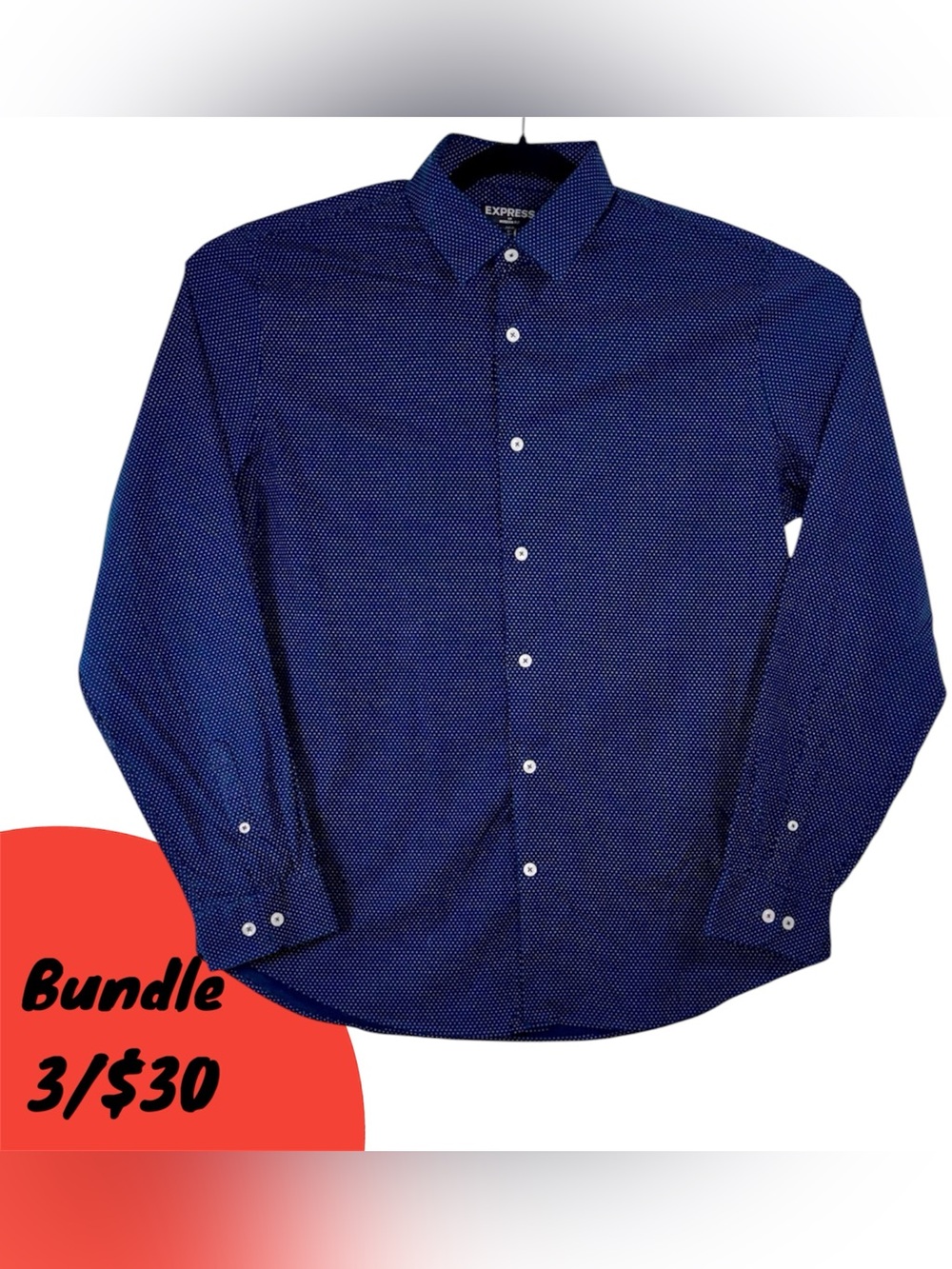 Express Men's Navy Blue Microdot Dress Shirt Modern Fit Long Sleeve 100% Cotton